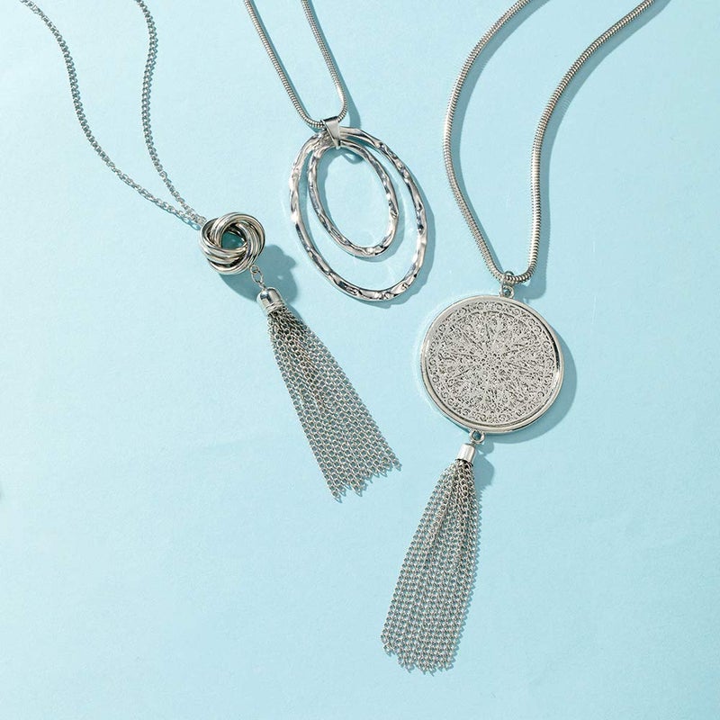 SEVENSTONE 3PCS Long Pendant Necklaces for Women Knot Disk Circle Tassel Statement Sweater Silver Necklace Set - Image 3